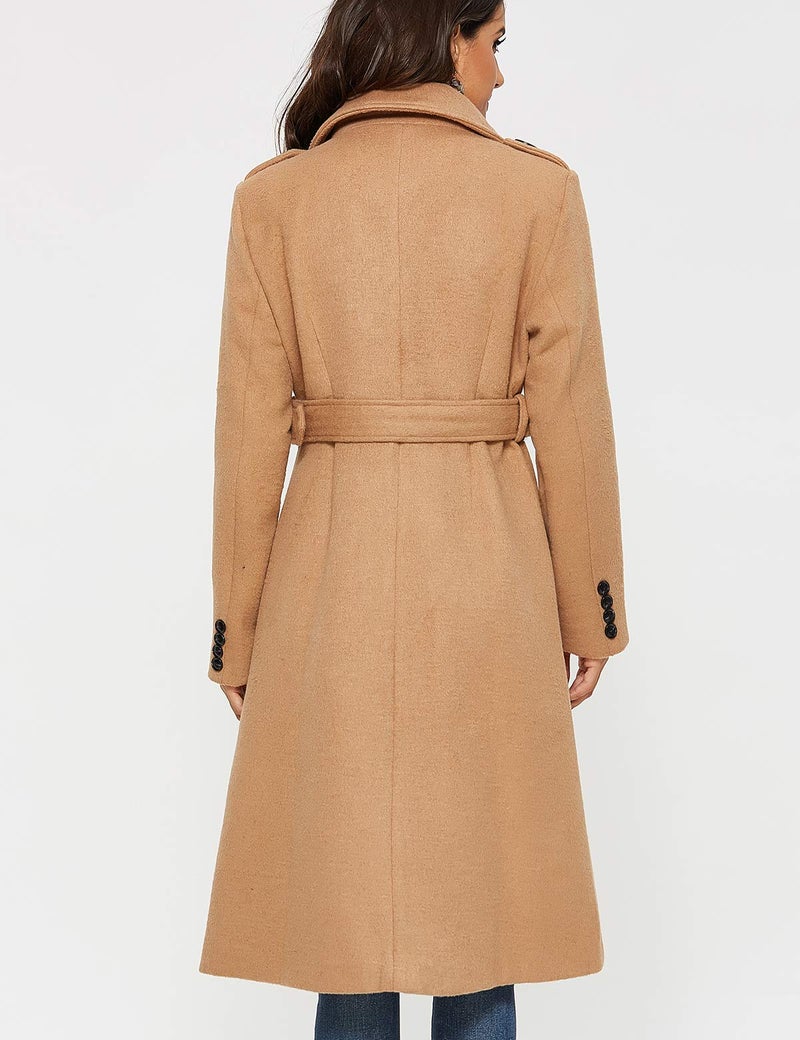 Escalier Womens Wool Polyester Coat Double Breasted Pea Coat Winter Long Trench Coat with Belt Camel M - Image 5